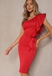 Czerwona Sukienka na Jedno Ramię z Falbaną Lenoska. Czerwone sukienki damskie Renee, na imprezę, na lato, l, bez wzorów, eleganckie, z asymetrycznym kołnierzem, bez ramiączek, midi, asymetryczne. Za 89.99 zł.