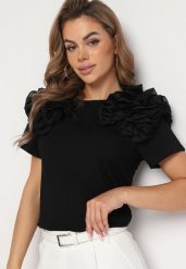 Czarny Bawełniany T-shirt Koszulka z Krótkim Rękawem Ozdobiona Aplikacją z Falbankami Aristine. Czarne bluzki damskie Born2be, l, z aplikacjami, z bawełny, klasyczne, bez kołnierzyka, bez ramiączek. Za 84.99 zł.