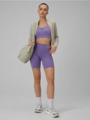 Legginsy krótkie treningowe z wysokim stanem bezszwowe damskie. Fioletowe legginsy sportowe damskie 4F, l, bez wzorów, z dzianiny, z podwyższonym stanem, krótkie, do biegania. Za 99.99 zł.