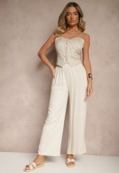 Beżowe Szerokie Spodnie z Lnem High Waist Sanitria. Brązowe spodnie materiałowe damskie Renee, bez wzorów, z jeansu, eleganckie, z podwyższonym stanem. Za 69.99 zł.