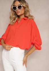 Pomarańczowa Koszula z Kołnierzem i Długimi Rękawami na Guzik Henvia. Brązowe koszule damskie Renee, plus size, bez wzorów, bez kołnierzyka, bez ramiączek. Za 54.99 zł.