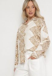 Beżowa Wiskozowa Koszula z Lnem w Ornamentalny Wzór Avellia. Brązowe koszule damskie Born2be, l, bez wzorów, z wiskozy, eleganckie, bez kołnierzyka, bez ramiączek. Za 79.99 zł.