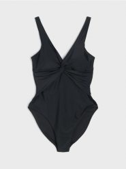 Jednoczęściowy strój kąpielowy z ozdobnym marszczeniem - czarny. Czarne stroje kąpielowe damskie Sinsay, l, bez wzorów. Za 49.99 zł.