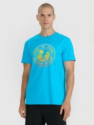 4F T-shirt regular z nadrukiem męski - niebieski M. Niebieskie t-shirty męskie 4F, m, bez wzorów, z bawełny, bez kołnierzyka, bez ramiączek. Za 69.99 zł.