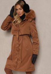 Jasnobrązowa Kurtka Parka ze Ściągaczem Kapturem i Odpinanym Futerkiem Semiriellea. Brązowe kurtki damskie Renee, l, bez wzorów, z jeansu. Za 219.99 zł.