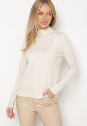 Jasnobeżowy Gładki Sweter z Półgolfem w Stylu Casual Unallia. Brązowe swetry nierozpinane damskie Born2be, l, bez wzorów, z jeansu, biznesowe, bez kołnierzyka, bez ramiączek. Za 59.99 zł.