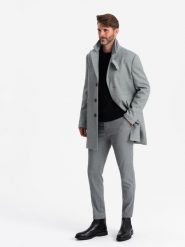 Wzorzysty jednorzędowy męski płaszcz z kieszeniami – szary V3 OM-COWC-0108 - XXL. Szare płaszcze męskie Ombre Clothing, l, bez wzorów, z materiału, klasyczne, bez kołnierzyka, bez kaptura. Za 317.99 zł.