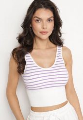 Biało-Fioletowy Tank Top w Paski z Prążkowanej Tkaniny Sesillia. Fioletowe topy damskie Born2be, s, bez wzorów, z jeansu, eleganckie, bez kołnierzyka, bez ramiączek. Za 24.99 zł.