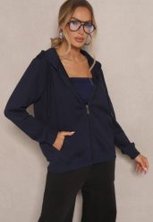 Granatowa Rozpinana Bluza z Bawełny z Kapturem Ozdobiona Sznurkami Telidwena. Niebieskie bluzy damskie Renee, m, bez wzorów, z bawełny, eleganckie, bez ramiączek, z kapturem. Za 59.99 zł.