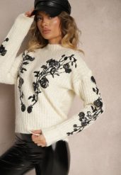 Jasnobeżowy Sweter z Wełną Cekinami i Kwiatowym Haftem Boredi. Brązowe swetry nierozpinane damskie Renee, na zimę, m, bez wzorów, z jeansu, casualowe, bez kołnierzyka, bez ramiączek. Za 149.99 zł.
