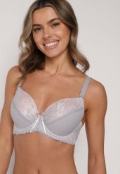 Szaro-Różowy Biustonosz Ozdobiony Cyrkoniami i Koronką Corraella. Szare biustonosze Born2be, bez wzorów, z jeansu. Za 39.99 zł.