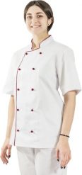 Visent BLUZA GASTRONOMICZNA KITEL KUCHARSKI Z LAMÓWKĄ biały / bordowa lamówka M. Białe bluzy męskie Visent, m, bez wzorów, bez ramiączek, bez kaptura. Za 79.99 zł.