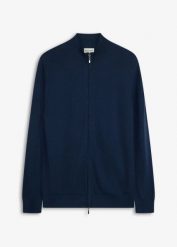 Delikatny kardigan z eleganckiej wełny merynosowej. Niebieskie swetry męskie bonprix, l, bez wzorów, z wełny, eleganckie, bez kołnierzyka, bez ramiączek. Za 169.99 zł.
