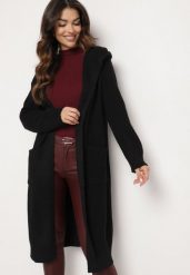 Czarny Niezapinany Kardigan z Wełną Bawełną i Kapturem o Długim Kroju Zozina. Czarne kardigany damskie Born2be, bez wzorów, z bawełny, eleganckie, bez kołnierzyka. Za 99.99 zł.