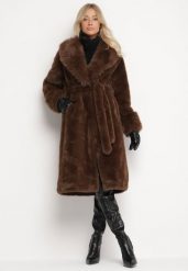 Brązowy Futerkowy Płaszcz z Szerokim Kołnierzem i Mankietami z Wiązanym Paskiem Viaruna. Brązowe płaszcze damskie Born2be, l, bez wzorów, z dzianiny, eleganckie, bez kołnierzyka, bez kaptura. Za 259.99 zł.