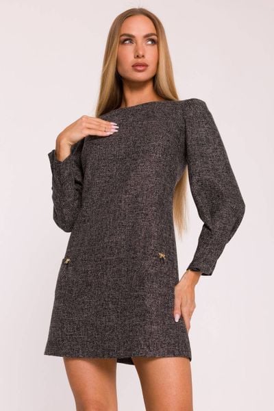 Elegancka sukienka tweedowa trapezowa mini czarna. Czarne sukienki damskie MOE, do pracy, xl, bez wzorów, z dzianiny, biznesowe, bez kołnierzyka, bez ramiączek, mini, dopasowane. Za 349.00 zł.