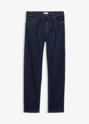 Dżinsy o kroju loose z prostymi nogawkami i talią mid waist. Niebieskie jeansy damskie bonprix, bez wzorów, z jeansu. Za 127.99 zł.
