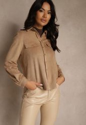 Beżowa Koszula z Imitacji Zamszu z Klapami Retilda. Brązowe koszule damskie Renee, m, bez wzorów, z jeansu, eleganckie, bez kołnierzyka, bez ramiączek. Za 139.99 zł.