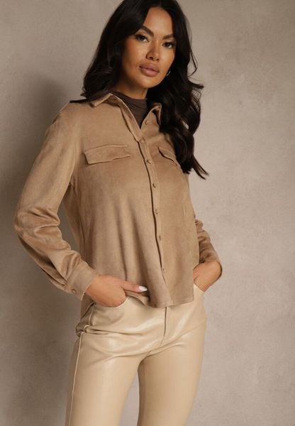Beżowa Koszula z Imitacji Zamszu z Klapami Retilda. Brązowe koszule damskie Renee, m, bez wzorów, z jeansu, eleganckie, bez kołnierzyka, bez ramiączek. Za 139.99 zł.