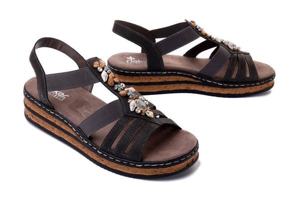 RIEKER 62949-45 grey, sandały damskie. Szare sandały damskie Rieker, bez wzorów, bez obcasa, na koturnie, bez zapięcia. Za 254.92 zł.