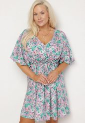 Fioletowa Sukienka z Wiskozy Ściągana w Talii w Kwiaty Liranette. Fioletowe sukienki damskie Born2be, na co dzień, l, bez wzorów, z jeansu, eleganckie, bez kołnierzyka, bez ramiączek, mini. Za 59.99 zł.