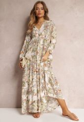 Biało-Beżowa Sukienka Oversize w Kwiaty Iophne. Białe sukienki damskie Renee, na lato, l, bez wzorów, bez kołnierzyka, bez ramiączek, maxi, oversize. Za 79.99 zł.