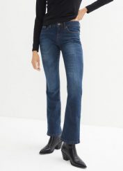 Dżinsy ze stretchem BOOTCUT, mid waist. Niebieskie jeansy damskie bonprix, bez wzorów, z jeansu. Za 84.99 zł.