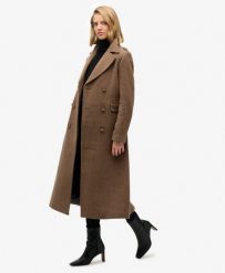 Płaszcz z Mieszanki Wełny z Podwójnym Rzędem Guzików. Brązowe płaszcze damskie Superdry, m, bez wzorów, z wełny, eleganckie, bez kołnierzyka, bez kaptura. Za 1,036.20 zł.