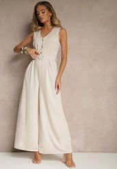 Jasnobeżowy Kombinezon o Taliowanym Kroju z Wiskozą i Paskiem Raliorea. Brązowe sukienki damskie Renee, bez wzorów, z wiskozy, eleganckie, bez kołnierzyka, bez ramiączek. Za 119.99 zł.