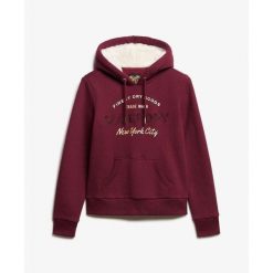 Damska bluza z kapturem z metalicznym logo Superdry Luxe. Brązowe bluzy damskie Superdry, bez wzorów, ze skóry, bez ramiączek. W wyprzedaży za 332.60 zł.
