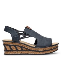 Sandały Rieker. Niebieskie sandały damskie Rieker, bez wzorów, bez obcasa, na koturnie, bez zapięcia. Za 299.99 zł.