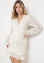 Beżowa Sukienka Mini z Tkaniny Plumeti z Marszczeniem Werenia. Brązowe sukienki damskie Born2be, na co dzień, l, bez wzorów, z tkaniny, eleganckie, bez kołnierzyka, bez ramiączek, mini. Za 119.99 zł.