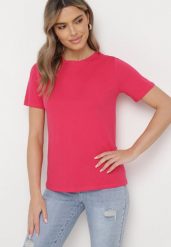 Różowy Bawełniany T-shirt o Klasycznym Fasonie Hebea. Czerwone t-shirty damskie Born2be, xl, bez wzorów, z bawełny, klasyczne, bez kołnierzyka, bez ramiączek. Za 19.99 zł.