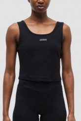 GUESS Czarny damski tank top Circe, Rozmiar L. Czarne topy damskie Guess, l, z aplikacjami, z materiału, eleganckie, bez kołnierzyka, bez ramiączek. W wyprzedaży za 179.99 zł.