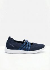 Obuwie typu barefoot marki Tom Tailor z elastyczną podeszwą. Niebieskie balerinki damskie bonprix, bez wzorów, bez obcasa, bez zapięcia. Za 199.99 zł.