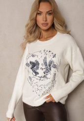 Jasnobeżowy Sweter Ozdobiony Haftowanym Wzorem w Ptaki Inarielle. Brązowe swetry nierozpinane damskie Renee, bez wzorów, casualowe, bez kołnierzyka, bez ramiączek. Za 149.99 zł.