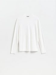 Gładki sweter z półgolfem - biały. Białe swetry męskie Reserved, l, bez wzorów, z dzianiny, bez kołnierzyka, bez ramiączek. Za 129.99 zł.