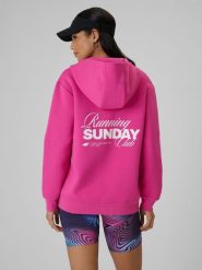 4F Bluza dresowa regular z kapturem damska - różowa L. Czerwone bluzy damskie 4F, l, bez wzorów, z dresówki, sportowe, bez ramiączek, z kapturem. Za 249.99 zł.