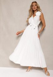 Biała Koktajlowa Sukienka Plisowana z Kwiatową Broszką Paskiem i Gumką w Talii Viknna. Białe sukienki damskie Renee, na imprezę, l, bez wzorów, z materiału, eleganckie, bez kołnierzyka, bez ramiączek, maxi, plisowane. Za 69.99 zł.