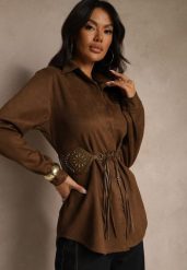 Brązowa Koszula Boho z Dodatkowym Paskiem Zdobionym Frędzlami Uniala. Brązowe koszule damskie Renee, l, z aplikacjami, z jeansu, boho, bez kołnierzyka, bez ramiączek. Za 139.99 zł.