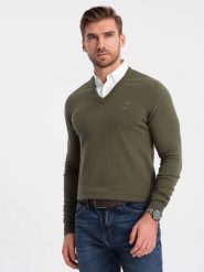 Sweter męski z dekoltem "w serek" z koszulowym kołnierzykiem - ciemnooliwkowy V5 - Rozmiar: S. Zielone swetry męskie Ombre Clothing, m, bez wzorów, z bawełny, klasyczne, bez kołnierzyka, bez ramiączek. W wyprzedaży za 69.99 zł.