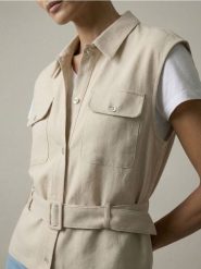 Koszula bez rękawów z wiskozą i domieszką lnu - beżowy. Brązowe koszule damskie Sinsay, l, bez wzorów, z wiskozy, bez kołnierzyka, bez ramiączek. Za 49.99 zł.