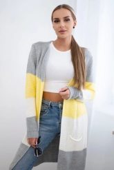 Sweter Kardigan w pasy szary+żółty. Szare kardigany damskie KESI, l, bez wzorów, z wełny, bez kołnierzyka, plus size. Za 178.78 zł.