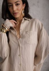 Beżowa Koszula z Wiskozy z Domieszką Lnu ze Strukturalnego Materiału Sewrita. Brązowe koszule damskie Renee, s, bez wzorów, ze lnu, street, bez kołnierzyka, bez ramiączek. Za 89.99 zł.