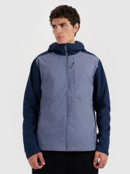 4F Kurtka softshell wiatroodporna męska - granatowa XL. Niebieskie kurtki męskie 4F, na zimę, m, bez wzorów, z dzianiny, klasyczne, z kapturem. W wyprzedaży za 199.99 zł.