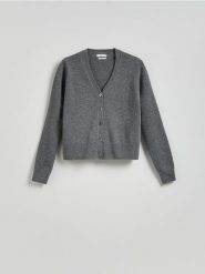 Wełniany kardigan - szary. Szare kardigany damskie Reserved, l, bez wzorów, z wełny, bez kołnierzyka. W wyprzedaży za 139.99 zł.