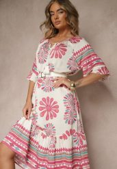 Różowa Pudełkowa Sukienka z Wiskozy w Abstrakcyjny Wzór Revirelle. Czerwone sukienki damskie Renee, na spotkanie biznesowe, na lato, l, bez wzorów, z materiału, eleganckie, bez kołnierzyka, bez ramiączek, midi. Za 49.99 zł.
