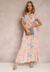 Jasnoróżowa Sukienka w Kwiaty o Kopertowym Kroju z Wiązanym Paskiem Iphene. Czerwone sukienki damskie Renee, na co dzień, na lato, l, bez wzorów, eleganckie, bez kołnierzyka, bez ramiączek, maxi, kopertowe. Za 54.99 zł.