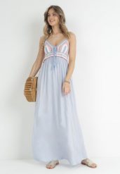 Jasnoniebieska Sukienka Wing In. Niebieskie sukienki damskie Born2be, na lato, m, z aplikacjami, z bawełny, bez kołnierzyka, bez ramiączek, maxi. Za 84.99 zł.