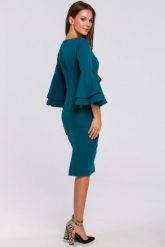 Sukienka na wesele elegancka z bufiastymi rękawami morski. Zielone sukienki damskie Makover, na wesele, s, bez wzorów, eleganckie, bez kołnierzyka, bez ramiączek, midi, dopasowane. Za 309.00 zł.